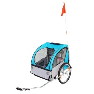 Remorque Velo Enfant Couverte 2 Places Maxi 45Kg Colori Bleu Avec Roues 20" À Blocage et Fixation Axe de Roue Arriere - Montage Rapide Sans Outil (2 Enfants de 18Kgs et 1 Bagage de 9Kgs)